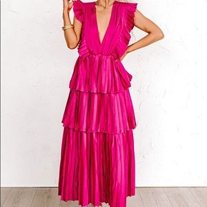 Pleated Maxi Dress // Magenta Satin